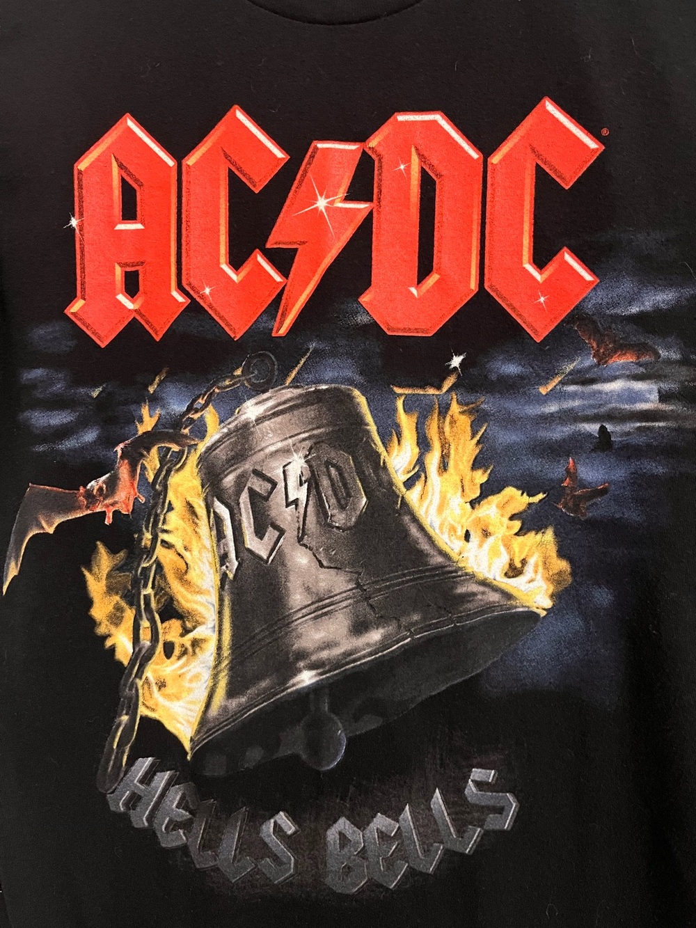 AC/DC Hells Bells Black Tee with Red Logo & Yellow Flame Bell